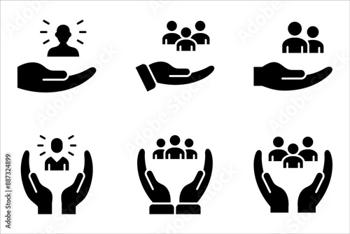 employees on human hand line icon vector illustration. An inclusive workplace on white background. color editable