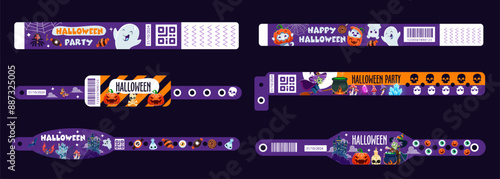 Halloween holiday party paper bracelets and hand wristband mockups vector set with spooky motifs, pumpkins, and bats. Festive wrists, playful accessories for celebrating the spirited holiday gathering