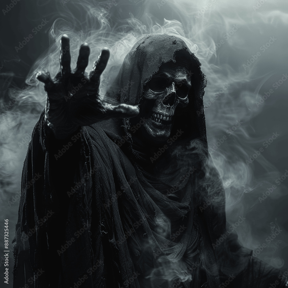 Grim Reaper Menacing Reach Halloween Backdrop Scary Skull Face Dark Mysterious Art Grim Reaper Menacing Reach Halloween Backdrop Scary Skull Face Dark Mysterious Art