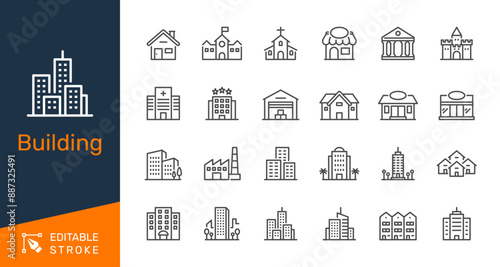 Building thin line icons. Editable stroke. Pixel perfect.