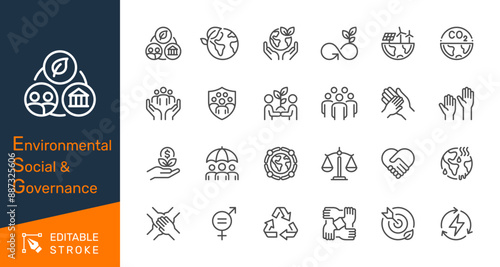 Environmental Social Governance thin line icons. Editable stroke. Pixel perfect.