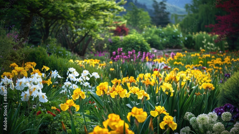 Obraz premium Flowers in a garden with yellow irises charming spring backdrop