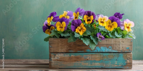 Wallpaper Mural Purple and yellow pansies in a rustic wooden crate, against a solid light green background.  Torontodigital.ca