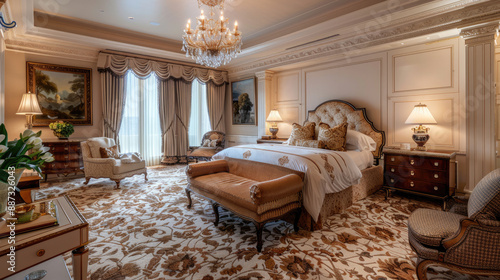 Luxurious Classic Bedroom with Elegant Decor, Plush Furniture, and Crystal Chandelier