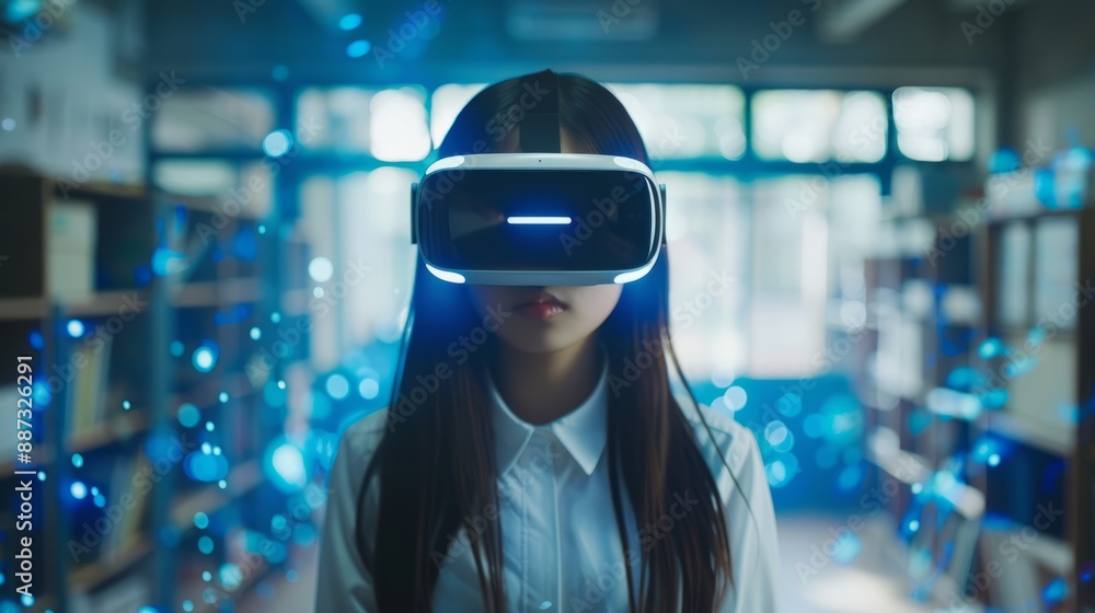 Innovation and smart technology. Artificial Intelligence in Education Blue Hologram, students using AI AI technology and machine learning wear VR headsets. Classroom interactive technology.
