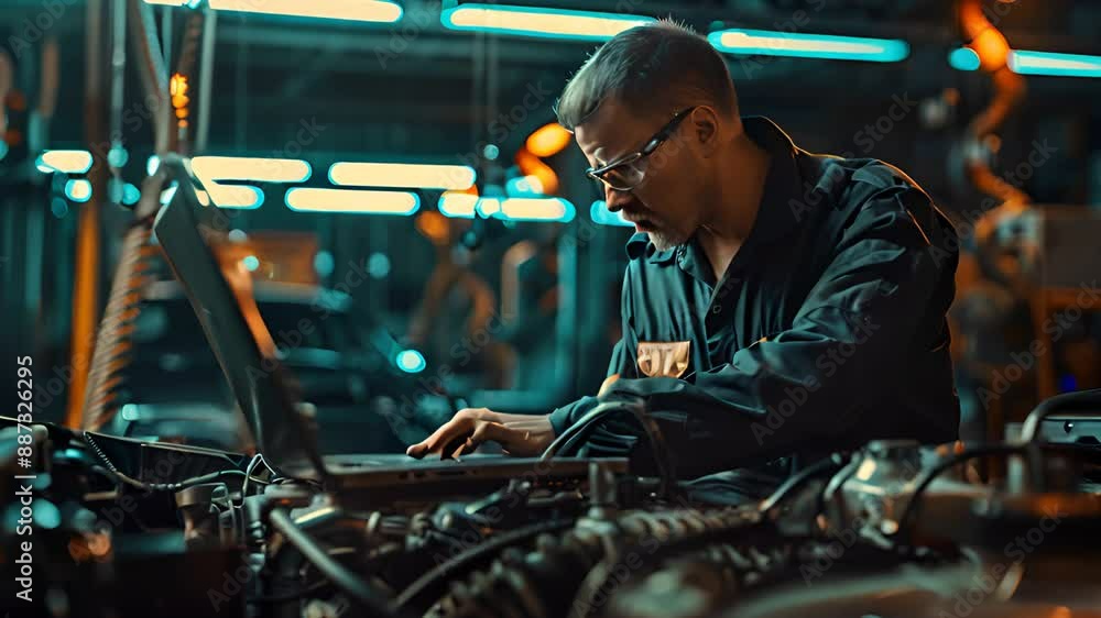 A Car Mechanic is Analyzing and Checking the Condition of the Car with Computer A Car Mechanic is Analyzing and Checking the Condition of the Car with Computer