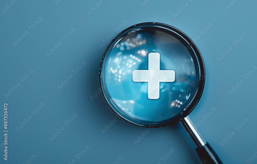 Obraz premium 3D Render of White Plus Sign in Magnifying Glass for Medical and Healthcare Concepts, High Resolution and Detailed Visual
