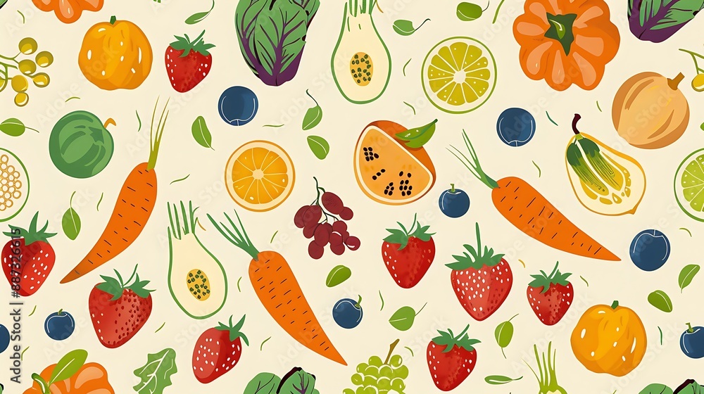 Obraz premium Colorful Fruit and Vegetable Seamless Pattern