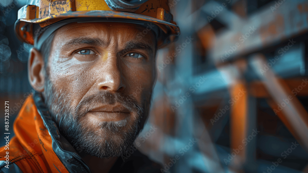 Portrait of a Construction Worker in Hard Hat and High-Vis Vest at a New Building Site Portrait of a Construction Worker in Hard Hat and High-Vis Vest at a New Building Site