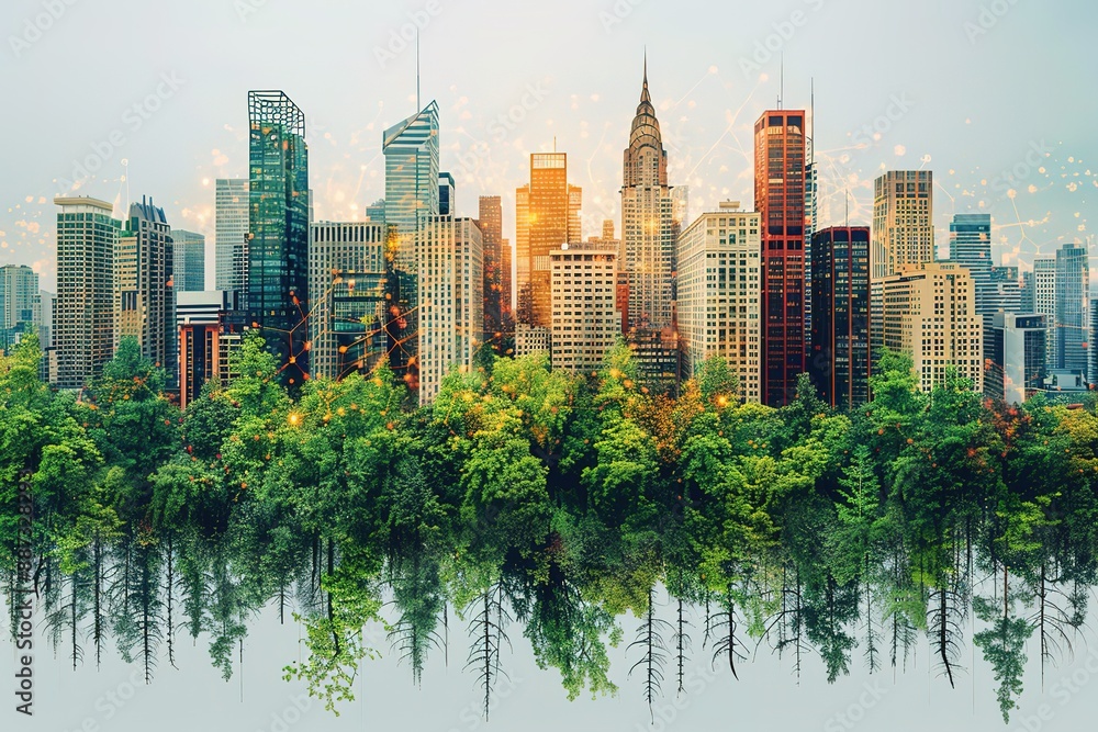 Naklejka premium A city skyline is reflected in a body of water