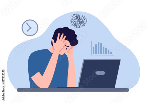 Burnout exhausted man tired sitting at his workplace in office holding his head vector illustration. Concept of emotional burnout, stress, tiredness, mental health problems.