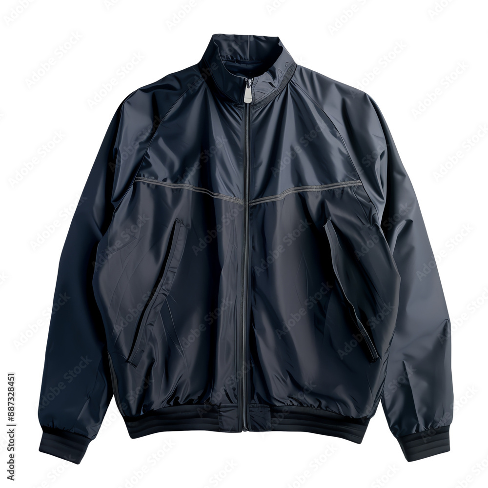 Stylish navy windbreaker jacket with front zipper and two pockets, ideal for outdoor activities, casual wear, and layering in cool weather. Stylish navy windbreaker jacket with front zipper and two pockets, ideal for outdoor activities, casual wear, and layering in cool weather.
