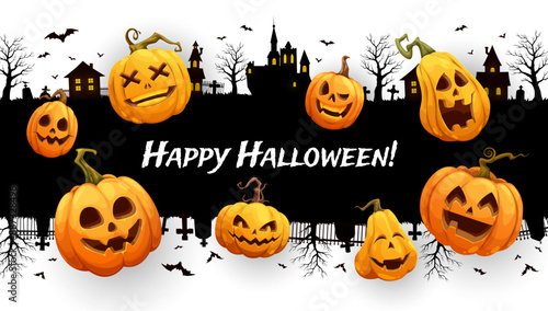 Halloween town silhouette with danger pumpkins and abandoned houses, casting eerie shadows. Vector spooky jack lanterns and desolate cityscape with bats and creepy trees creating a chilling atmosphere