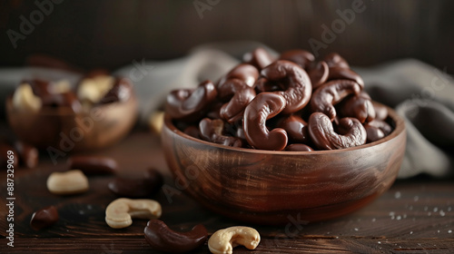 Cashew nuts coated in chocolate in a wooden bowl on a table made of wood