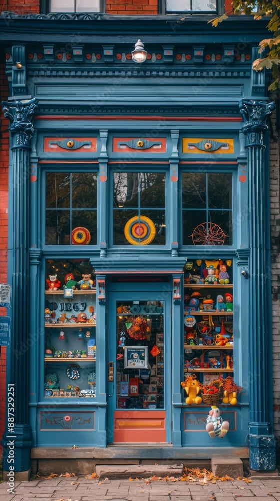 Fototapeta premium storefront of A quaint toy shop with a playful window display of toys, bright colors, and a charming, old-fashioned storefront design 