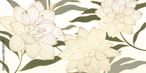 Luxury golden wildflower line art on white background vector. Natural botanical elegant flower with gold line art. Design illustration for decoration, wall decor, wallpaper, cover, banner, poster.