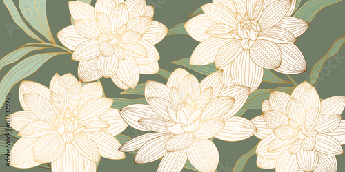 Luxury golden wildflower line art on green background vector. Natural botanical elegant flower with gold line art. Design illustration for decoration, wall decor, wallpaper, cover, banner, poster.