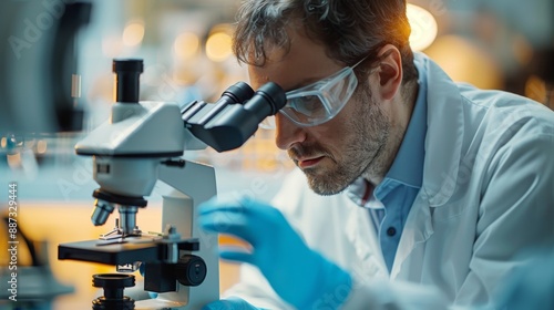 A scientist in a white coat is looking through a microscope in a laboratory. Science lab