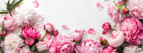 Fresh bunch of pink peonies and roses with copy space.