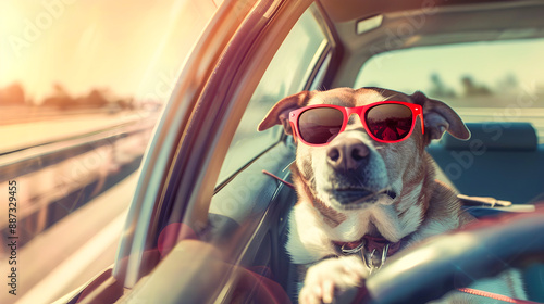 Cheerful Canine Chauffeur Cruising Down the Highway in Fashionable Sunglasses Embracing the Spirit of Adventure and Fun