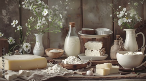 Wallpaper Mural Different types of dairy products on wooden background  Torontodigital.ca