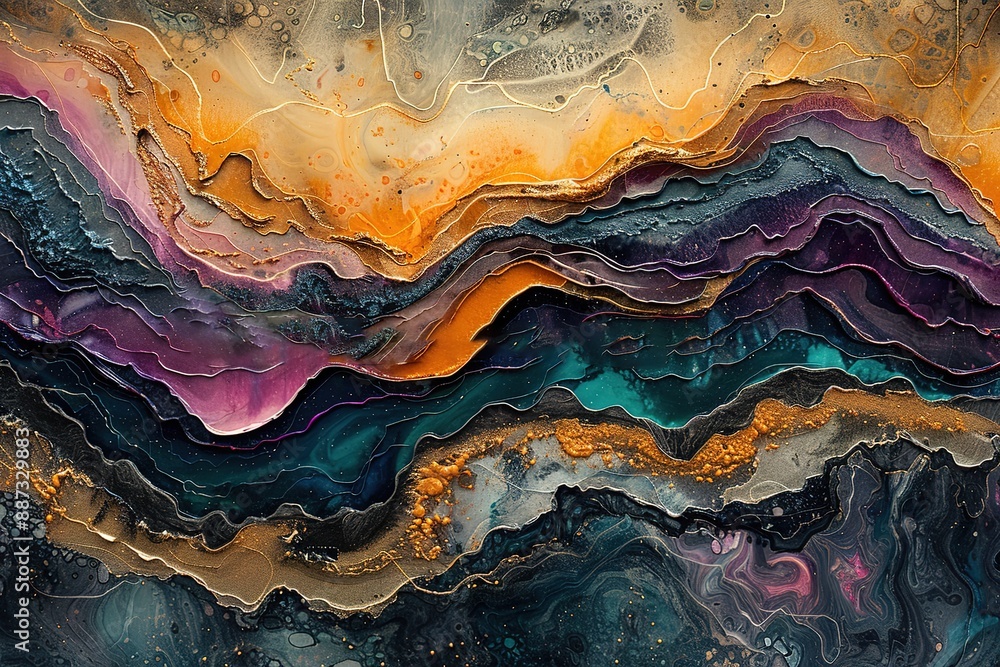 A painting of a mountain range with a blue and purple background A painting of a mountain range with a blue and purple background