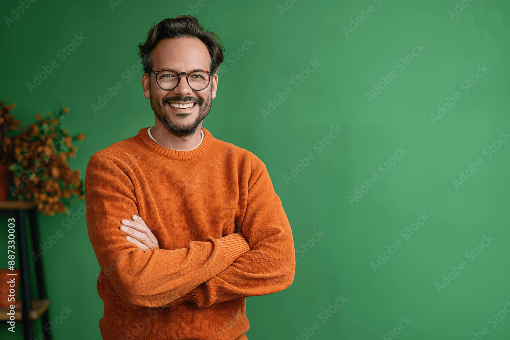 Confident Young Man in Orange Sweater and Glasses Standing With Arms Crossed on Green Background Confident Young Man in Orange Sweater and Glasses Standing With Arms Crossed on Green Background