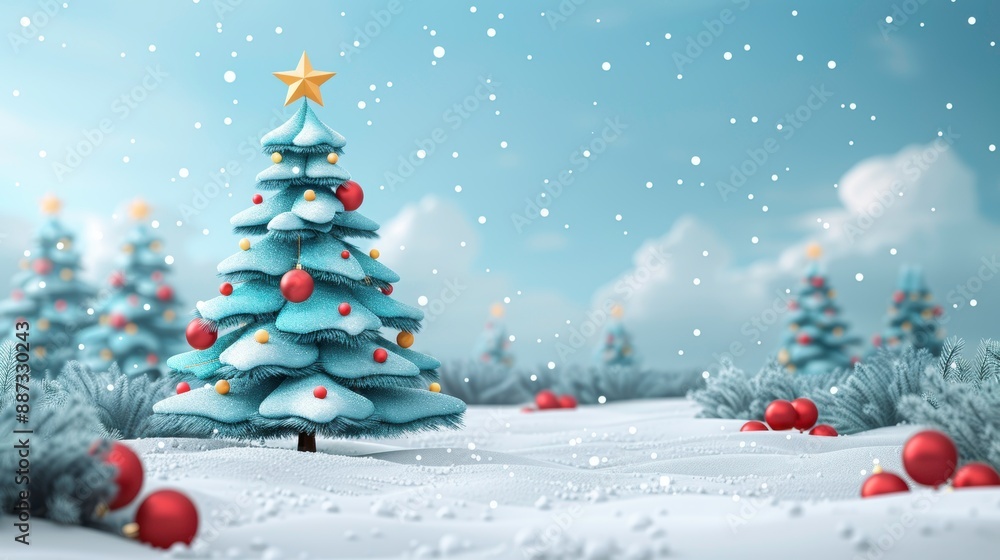 A beautifully decorated Christmas tree standing in a snowy landscape with falling snowflakes, creating a festive winter scene. A beautifully decorated Christmas tree standing in a snowy landscape with falling snowflakes, creating a festive winter scene.