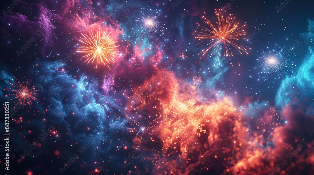 Fototapeta premium Stunning fireworks display lighting up a cosmic night sky with vibrant colors and celestial beauty. Perfect for festive and celebratory themes.
