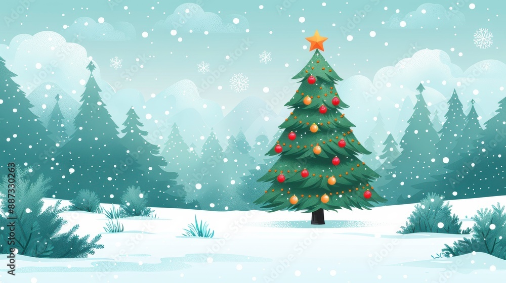 A beautifully decorated Christmas tree stands in a snow-covered forest, surrounded by falling snowflakes and evergreen trees. A beautifully decorated Christmas tree stands in a snow-covered forest, surrounded by falling snowflakes and evergreen trees.