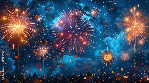 Vibrant fireworks display illuminating the night sky with colorful bursts, perfect for celebrations, holidays, and festive events. photo