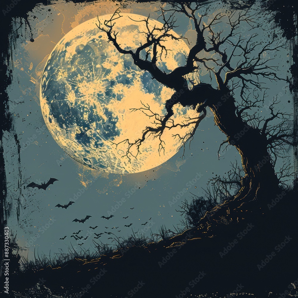 Fototapeta premium Eerie full moon night with a twisted tree silhouette and flying bats, perfect for Halloween or spooky-themed designs.