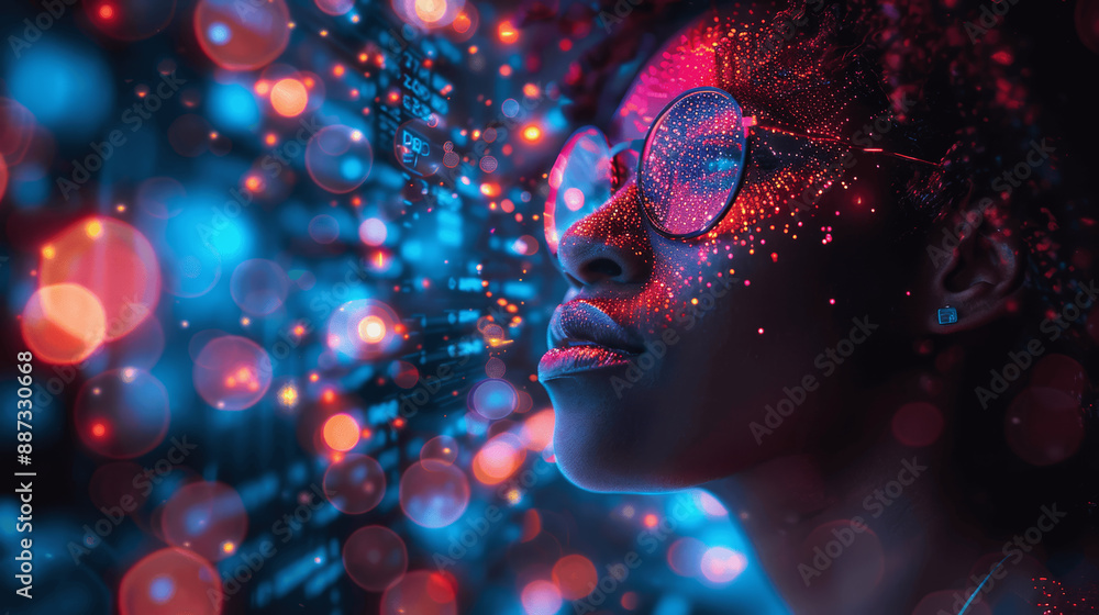 African American IT Specialist in Cyberpunk Theme Analyzing Digital Data and Cybersecurity with Neon Lights African American IT Specialist in Cyberpunk Theme Analyzing Digital Data and Cybersecurity with Neon Lights