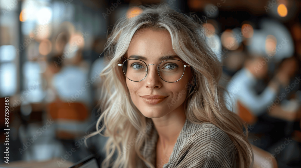 © btiger - Middle-aged woman with glasses holding a tablet in office setting with people working in background