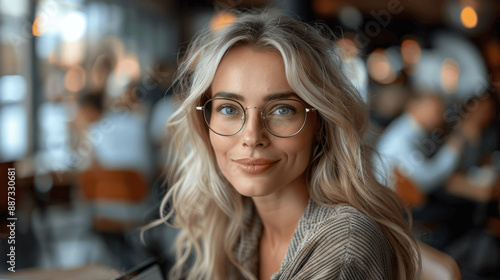 Wallpaper Mural Middle-aged woman with glasses holding a tablet in office setting with people working in background Torontodigital.ca
