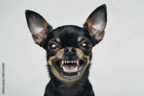 Angry chihuahua dog showing teeth on white background for animal behavior concepts photo