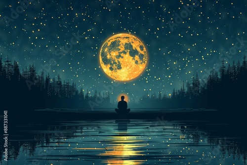Person Sitting by a Lake Under a Full Moon