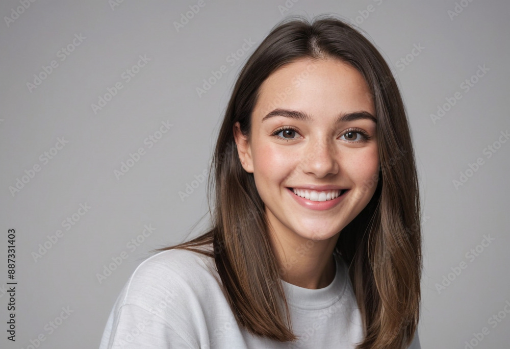 Portrait view of a regular happy smiling Canada girl, ultra realistic, candid, social media, avatar image, plain solid background Portrait view of a regular happy smiling Canada girl, ultra realistic, candid, social media, avatar image, plain solid background