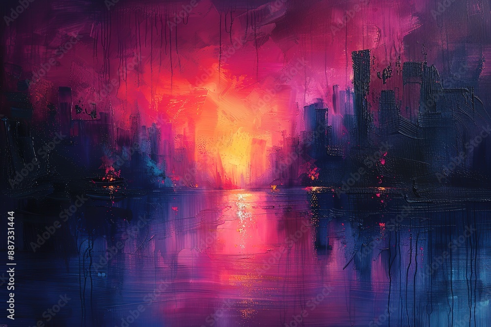 Fototapeta premium A painting of a city with a sunset in the background