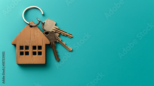 Golden house shaped keychain with keys on blue background, real estate concept, top view. Copy space banner mockup stock photo with copy space for text