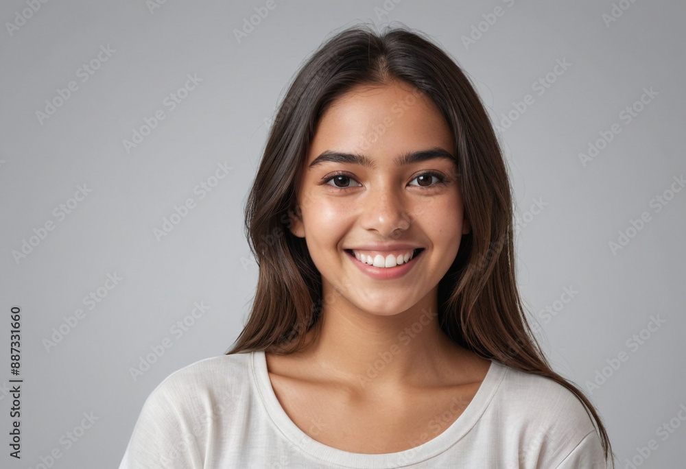 Portrait view of a regular happy smiling Mexico girl, ultra realistic, candid, social media, avatar image, plain solid background Portrait view of a regular happy smiling Mexico girl, ultra realistic, candid, social media, avatar image, plain solid background