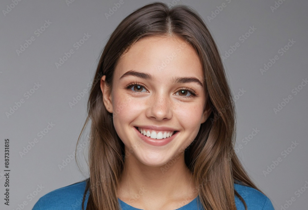 Portrait view of a regular happy smiling United States girl, ultra realistic, candid, social media, avatar image, plain solid background Portrait view of a regular happy smiling United States girl, ultra realistic, candid, social media, avatar image, plain solid background
