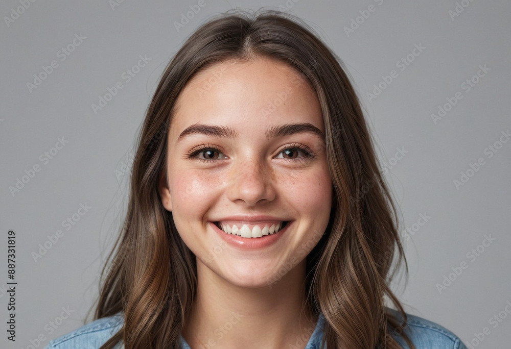 Portrait view of a regular happy smiling United States girl, ultra realistic, candid, social media, avatar image, plain solid background Portrait view of a regular happy smiling United States girl, ultra realistic, candid, social media, avatar image, plain solid background
