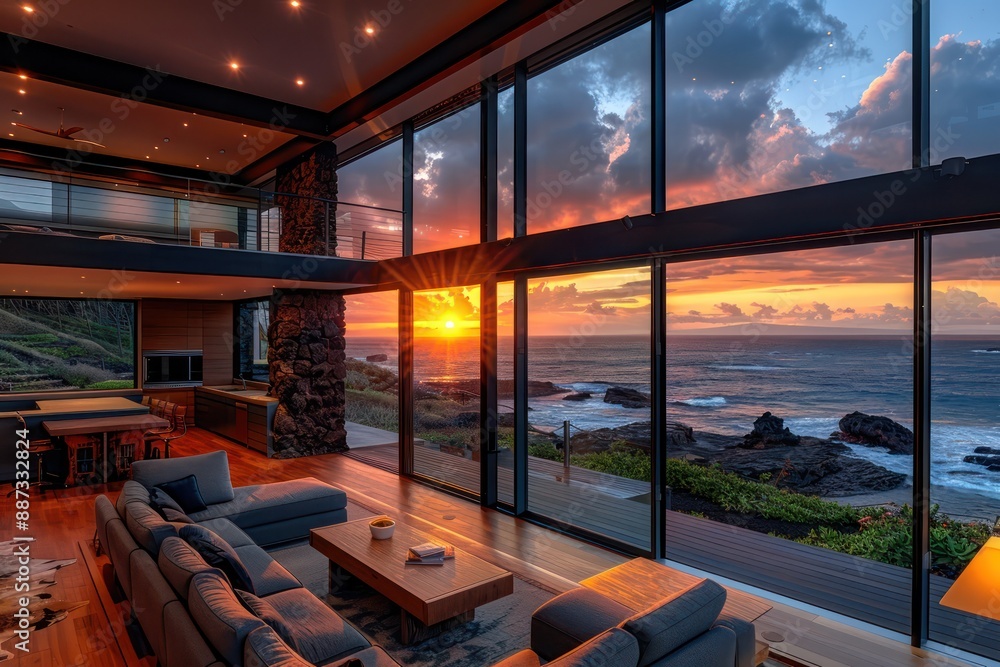 Fototapeta premium Modern Living Room with Ocean Sunset Views