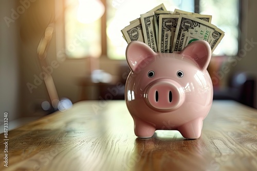 Piggy Bank with Dollar Bills in Children's Room