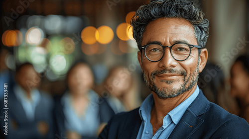 Happy confident young businessman in suit standing with diverse smiling office team, generative AI illustration, team leadership success, corporate portrait © btiger