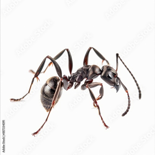 An ant with a close-up view of its thorax and legs, isolated white background, scientific illustration style