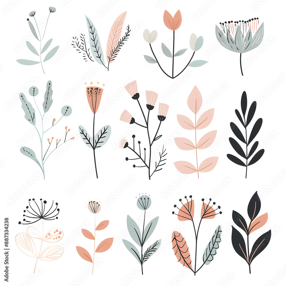 2D flower and leaf cards in various styles 2D flower and leaf cards in various styles