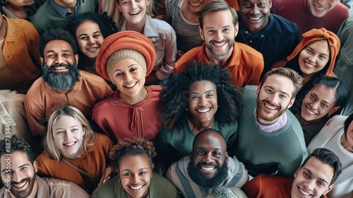 Diverse Group of People Looking Up with Smiles