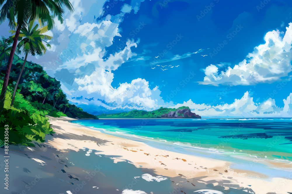 Tropical beach with palm trees, blue sky and white clouds Tropical beach with palm trees, blue sky and white clouds